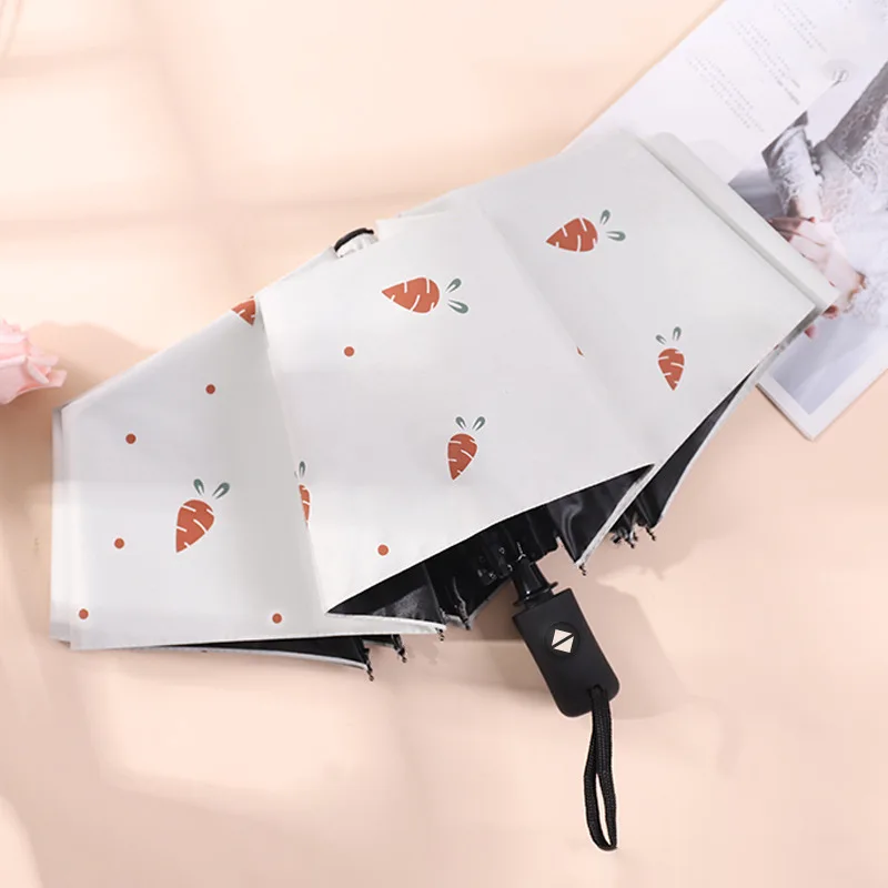 Ladies Three Fold Strawberry Dot Pattern Printed Manual Open Blue Umbrella
