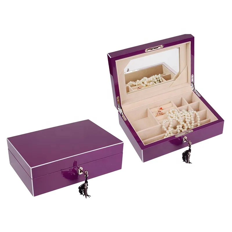 Custom High Gloss Lacquer Luxury Gift Wooden Jewelry Packaging Box With Mirror