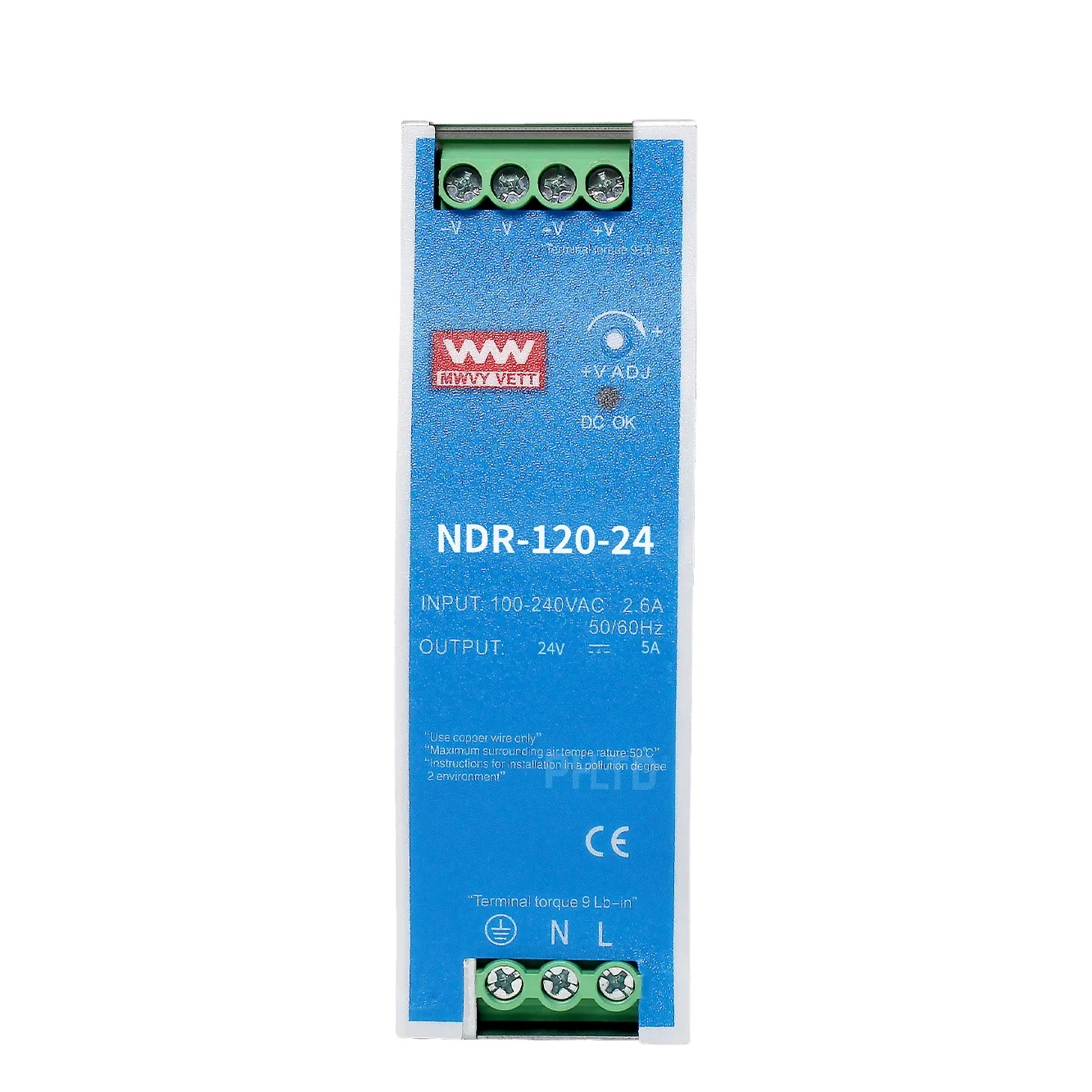 NDR 120W 24V DC Power Supply - DIN Rail Mount Switching Converter 100-240V Input