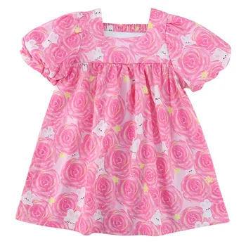 New 2025 Fashionable Summer Baby Dresses Girls Pure Cotton Bubble Sleeves and Floral Print Princess Style Baby Skirt