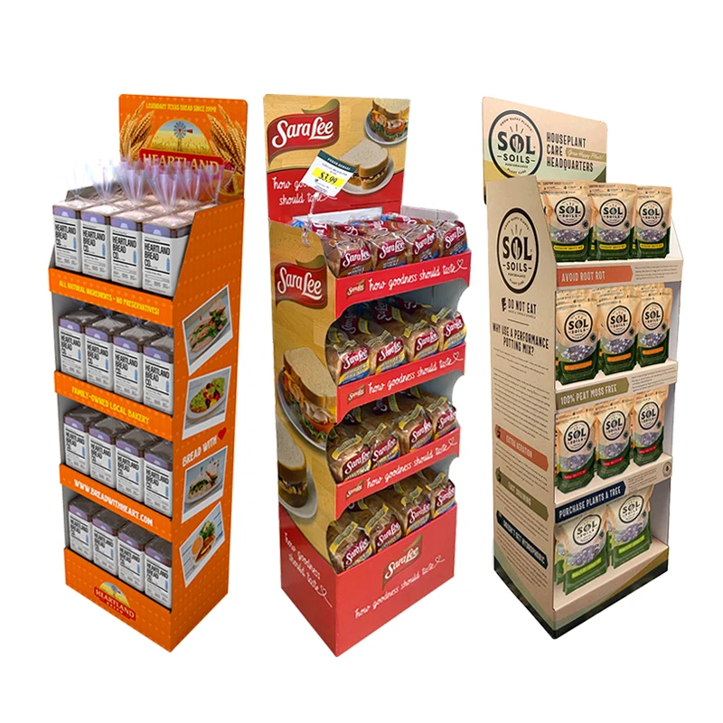 Custom Eco-friendly Advertising Snack Cardboard Display Stand Bread Corrugated Floor Display Shelf Potato Chips Biscuit Retail