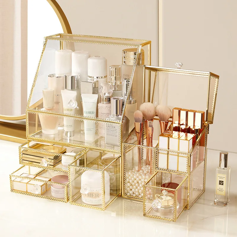 Cosmetics storage box transparent glass dustproof household desktop lipstick skin care products perfume shelf details