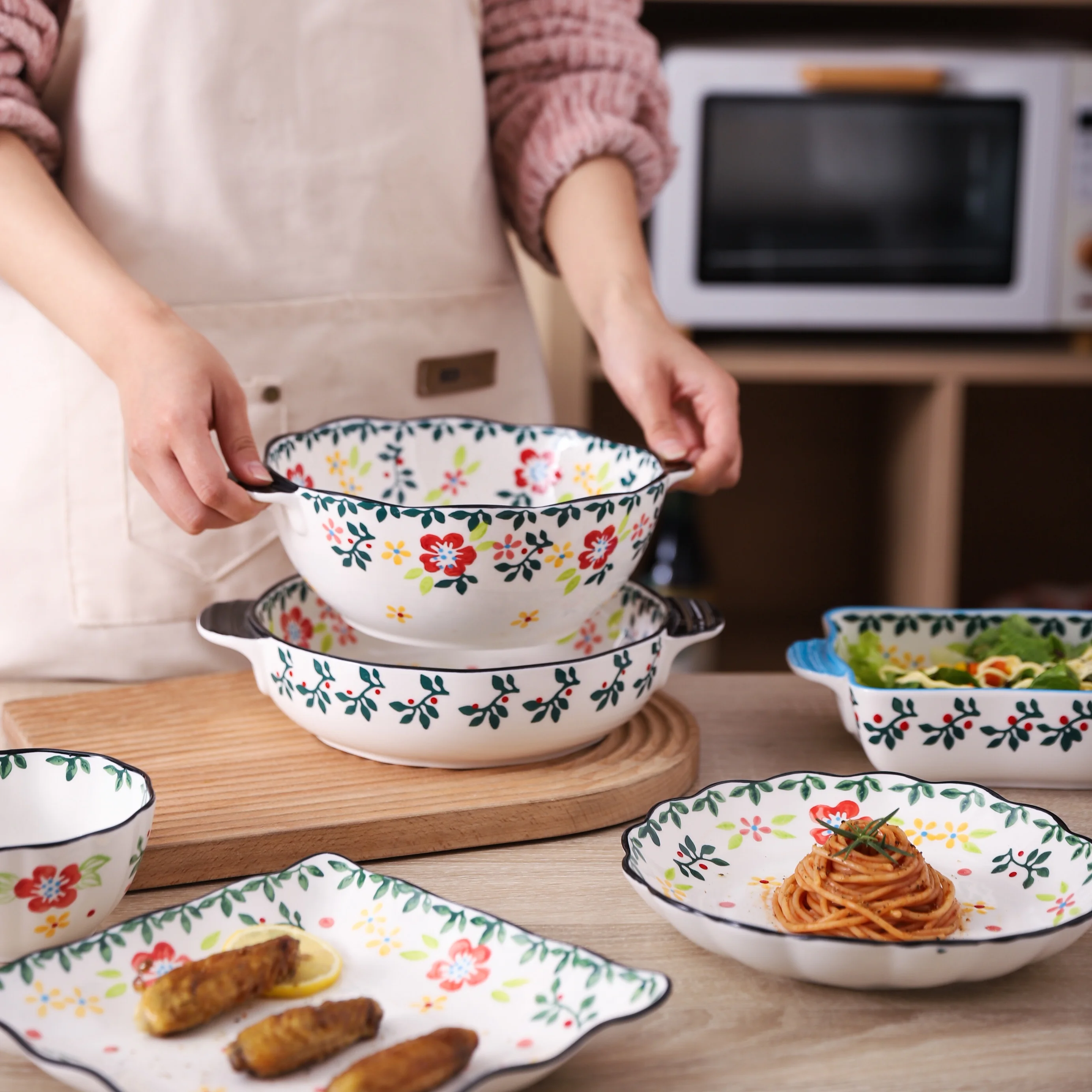 Tigela de Cerâmica Grande de 1200ml com Duas Alças, Tigela de Cerâmica  Pintada à Mão para Salada, Sopa, Frutas com Design de Plantas Florais|  Alibaba.com, image size:2768x2768