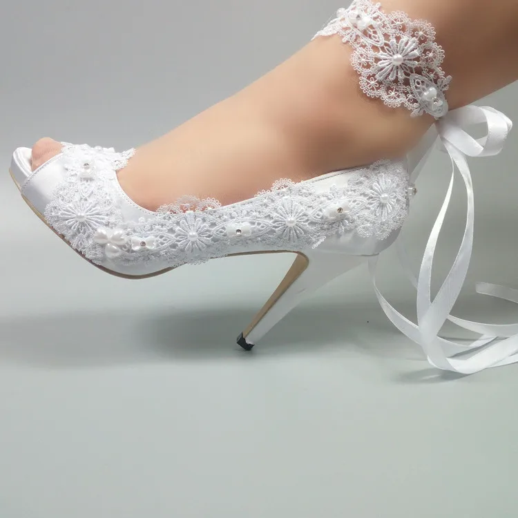 su.cheny- 3" 4” heel white ivory satin lace ribbon open toe Wedding  Bridal shoes