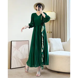Miyake Elegant Fashion Evening Dress with Pleated V-Neck Lantern Sleeve Long Skirt Side Flounces Casual Dresses
