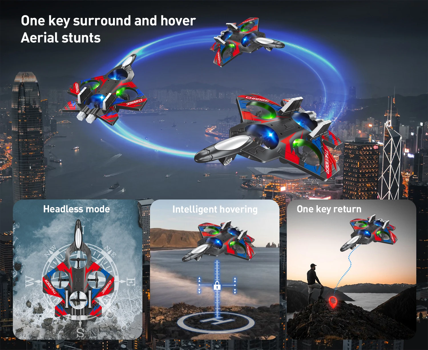 E36 2.4GHz Glider Remote Control RC Airplane Drones Headless Mode One Click Take off Mini Drone Plane Fighter