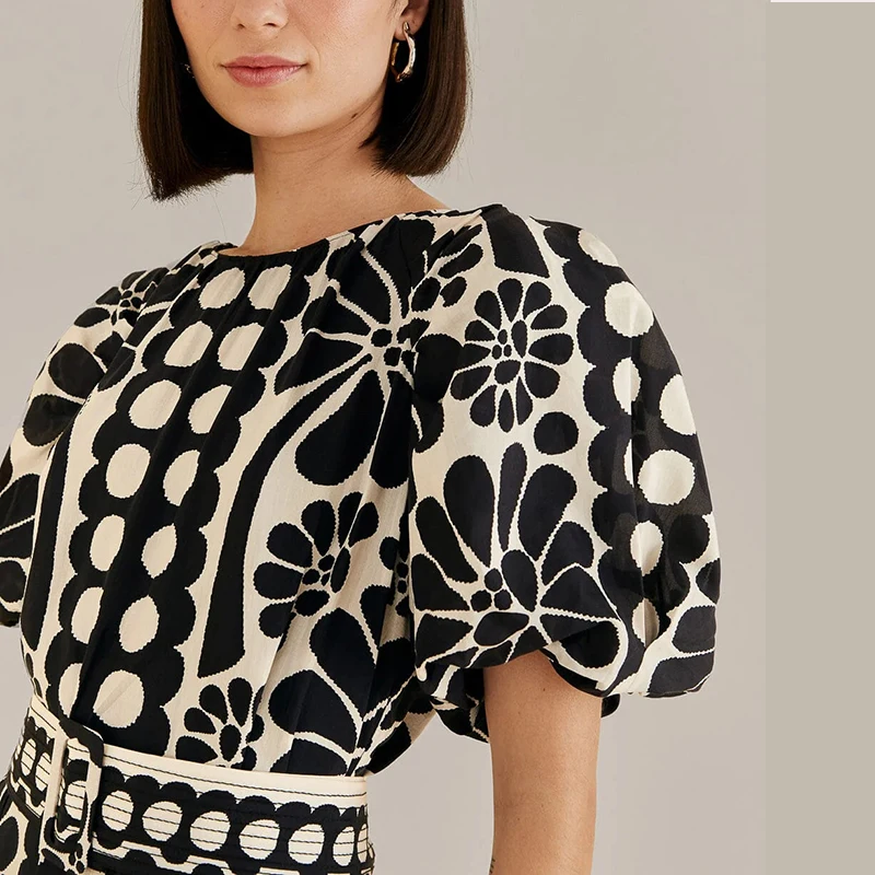 Women's Casual Summer Mini Dress with Round Neck & Patchwork Belt Hit Color Woven Ruffles Eco-Friendly Hit Color Print Dress