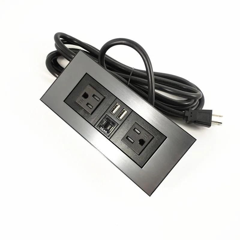 US Power Recessed Desk Top Mounted Electrical Socket Outlet Flush Mount with 2 Outlets 2 USB Charging for Office Furniture