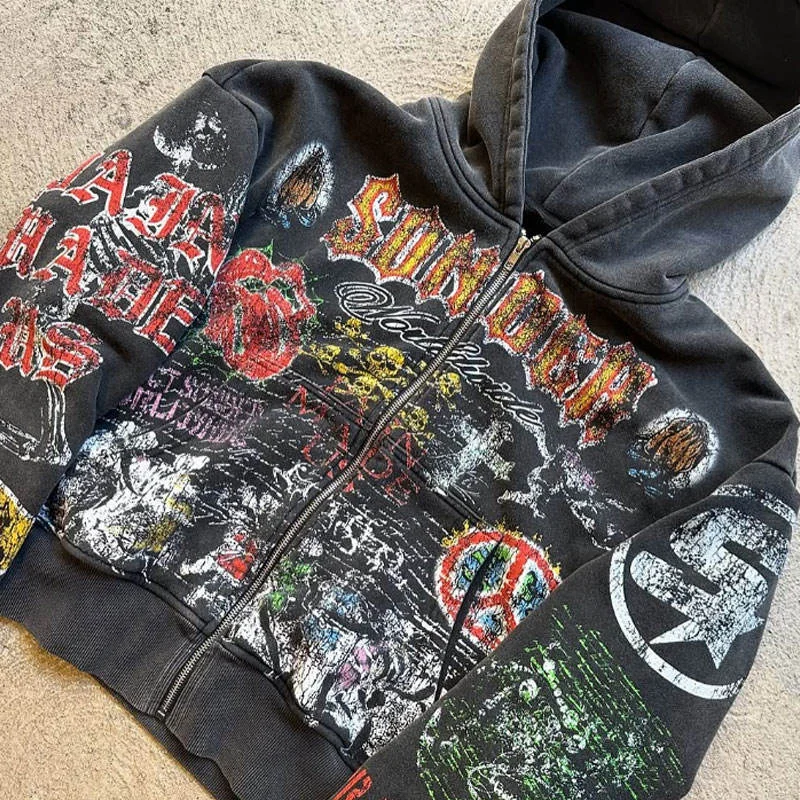 Cropped Heavyweight 420 Gsm Long Flared Sleeve Zipper up Heavyweight French Terry Boxy Fit Graphic Oversized Hoodie for Men gallery 7