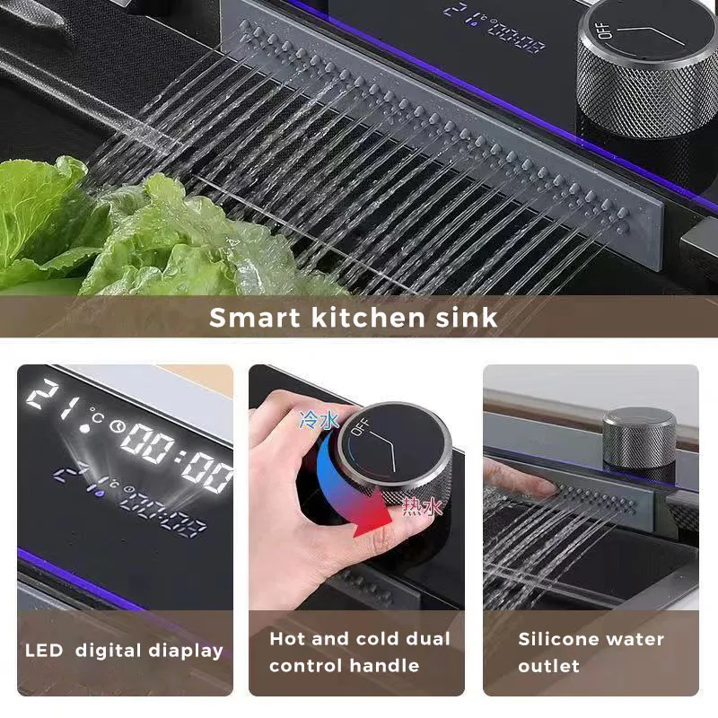 Modern Smart Digital Display Multifunction Gun Gray Square Counter Stainless Steel Kitchen Sink