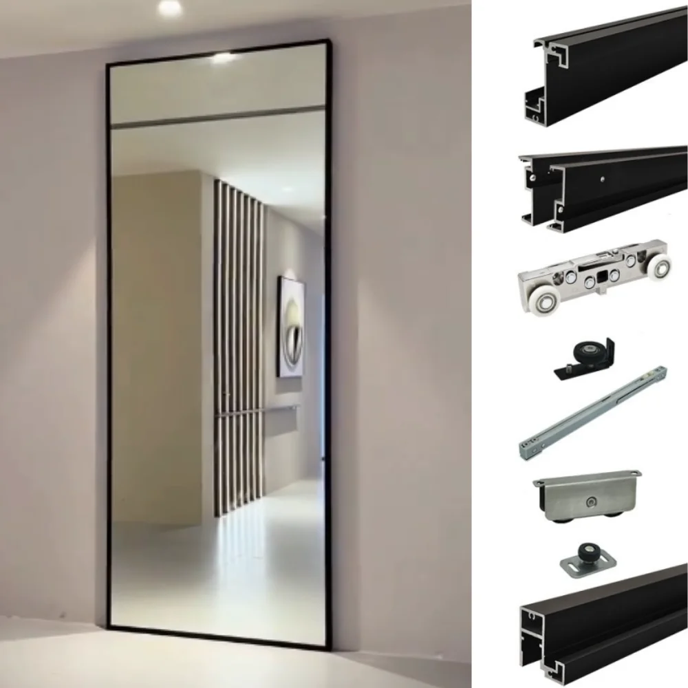 Slim Frame Trackless Ghost Gate Hardware Kits Home Kitchen Sliding Door Save Space Glass Mirror Magic Door System