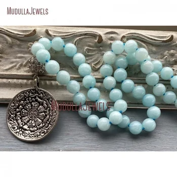 NM33926 Amazonite Beaded Necklace Tibetan Silver Two Sided Om Calendar Pendant Necklace Hand Knotted Bohemian Necklace
