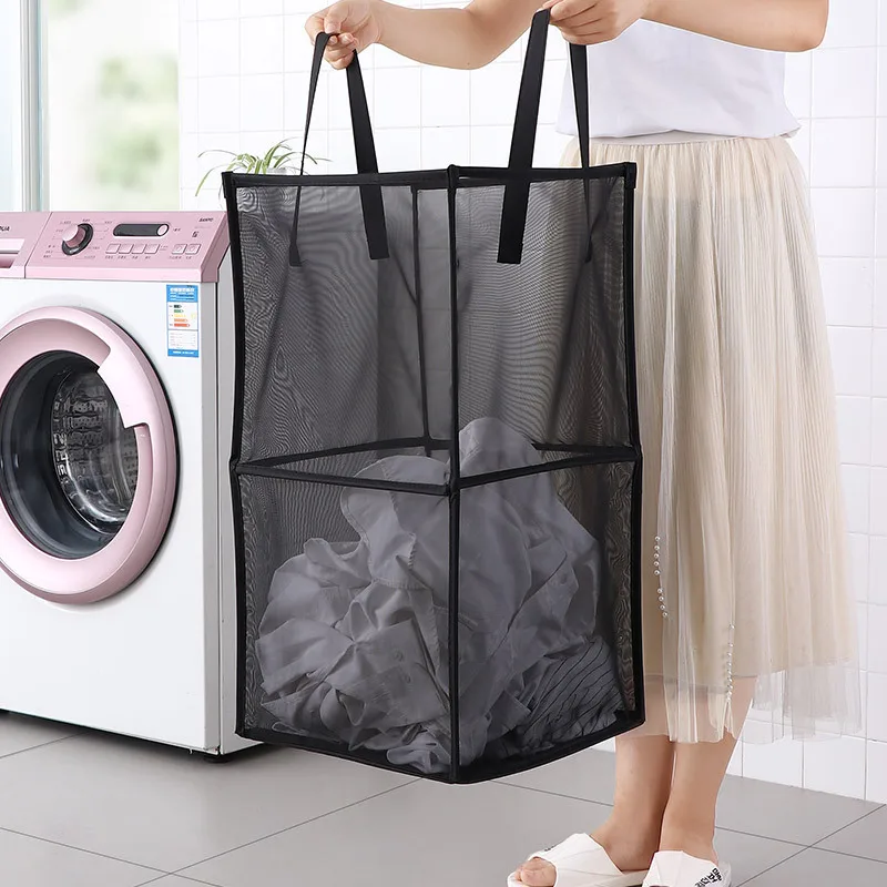Home Use Customized Material Large Capacity Mesh Collapsible Foldable Dirty Clothes Laundry Baskets with 2 Compartment