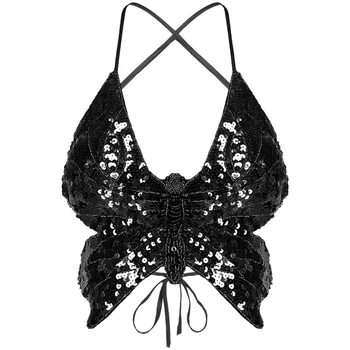 Women Belly Dance Crop Top Shiny Sequin Beaded Butterfly Shaped Bra Tops Lace-up Sexy Sleeveless Backless Crop Top Vest