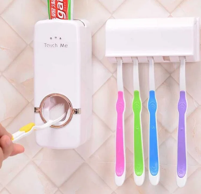 Toothbrush Holder Toothpaste Dispenser Set Dustproof with Super Sticky Pad 