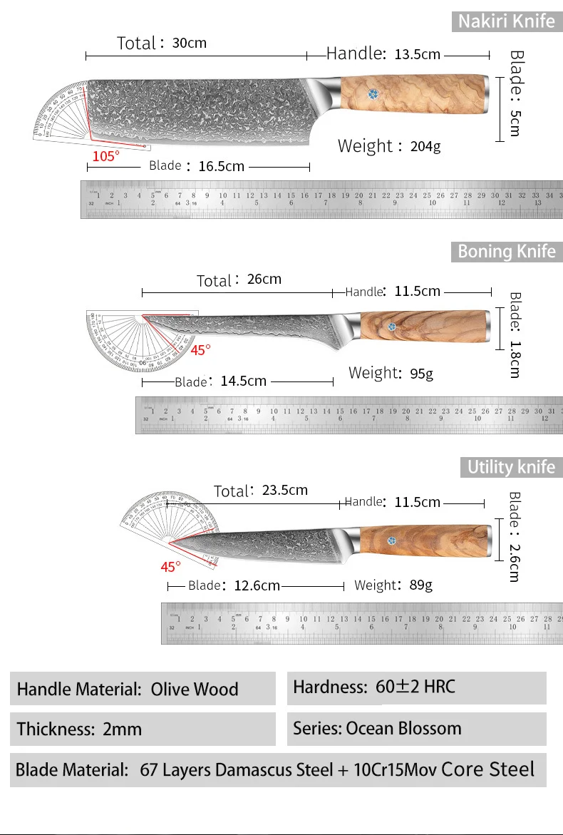 JJ 7 PCs Set 67 Layers Damascus 10Cr15Mov Core Steel Kitchen Knife Set with Olive Wood Handle Custom Stainless Steel Knife Set