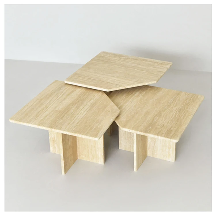 Fluted Table Small Rectangular 3 Piece Coffee Table Set Beige Color Home Decoration Luxury Modern Coffee Table