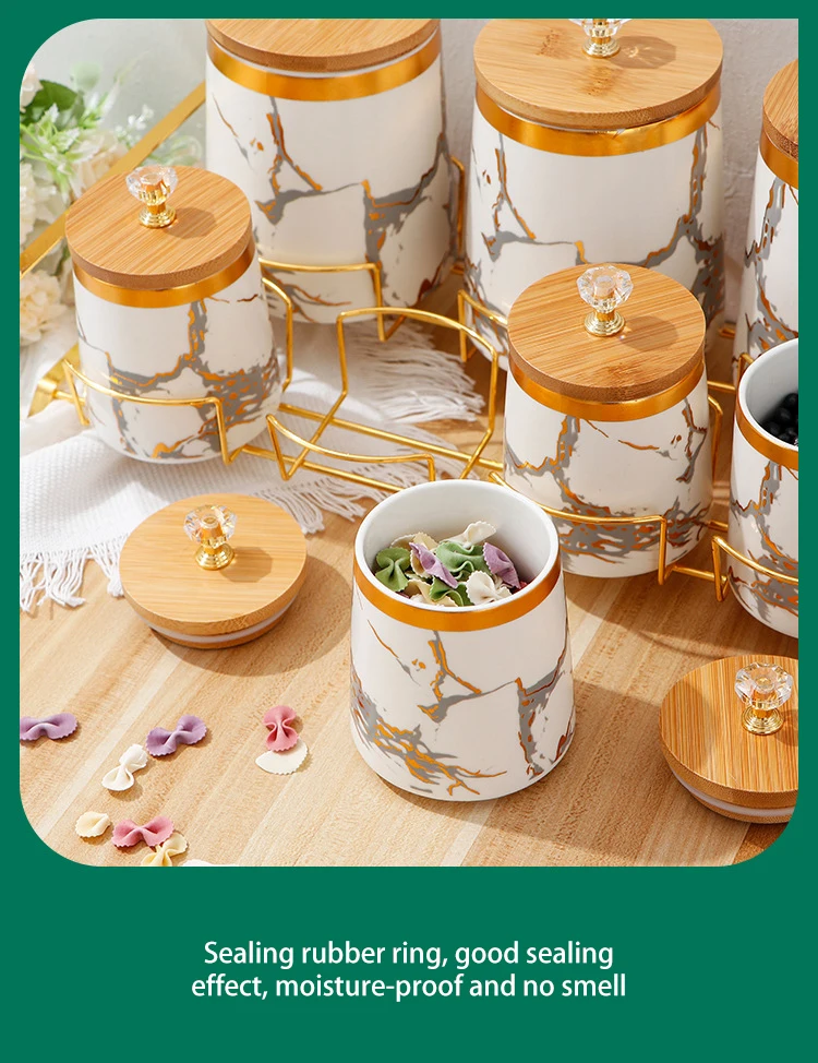 High quality Ceramic food storage jar with metal rack and lid Porcelain 7pcs condiment jar set supplier