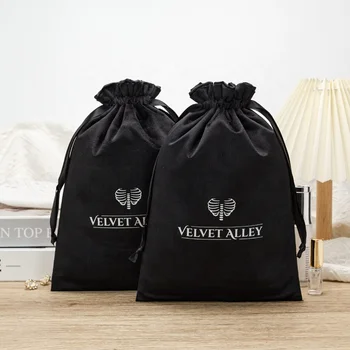 Black Custom Printed Velvet Pull Rope Earring Bag Gift Packaging Display Bag with Logo
