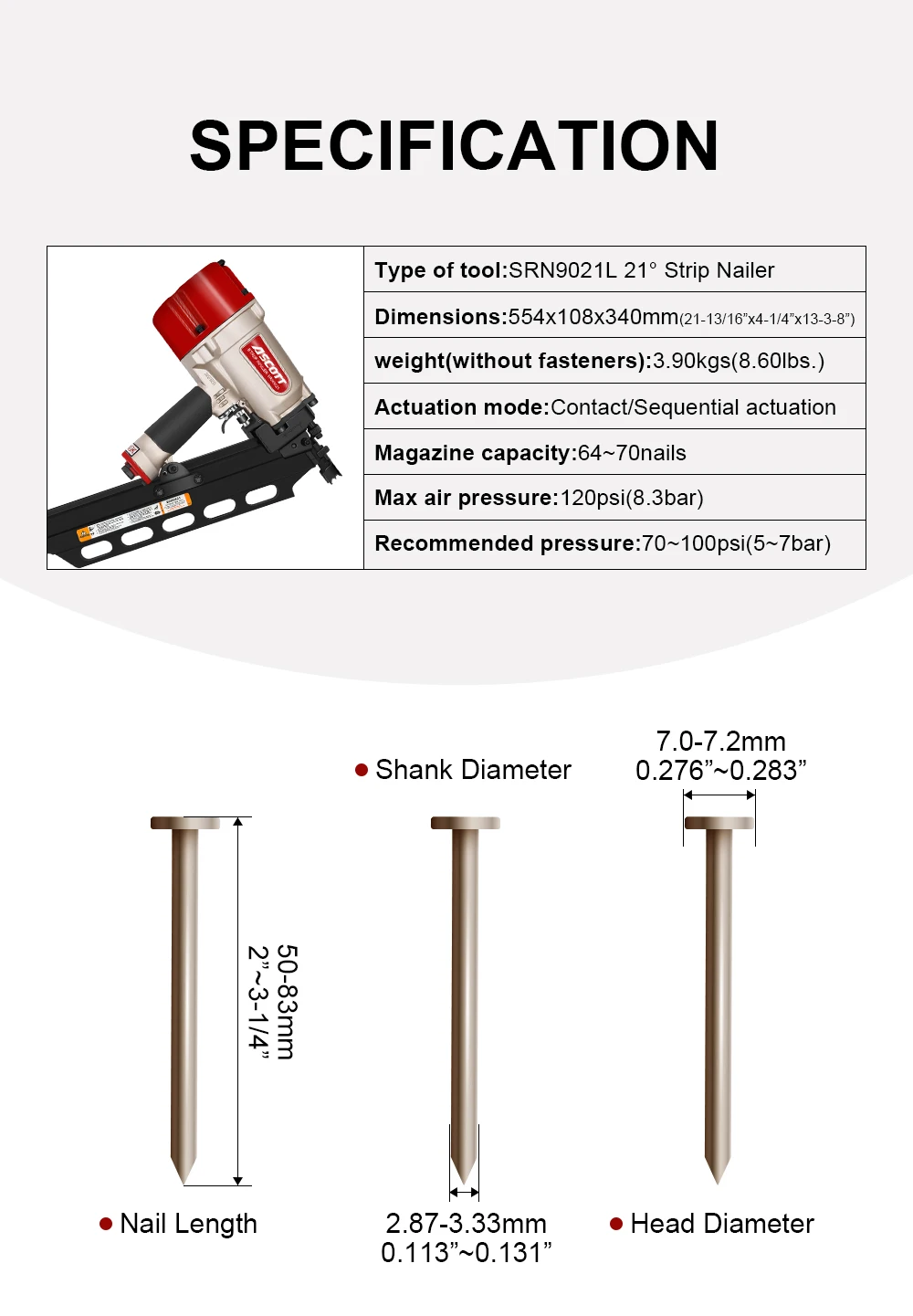 21 Degree Framing Nailer Pneumatic Framing Nailer 5083mm Srn9021 Strip