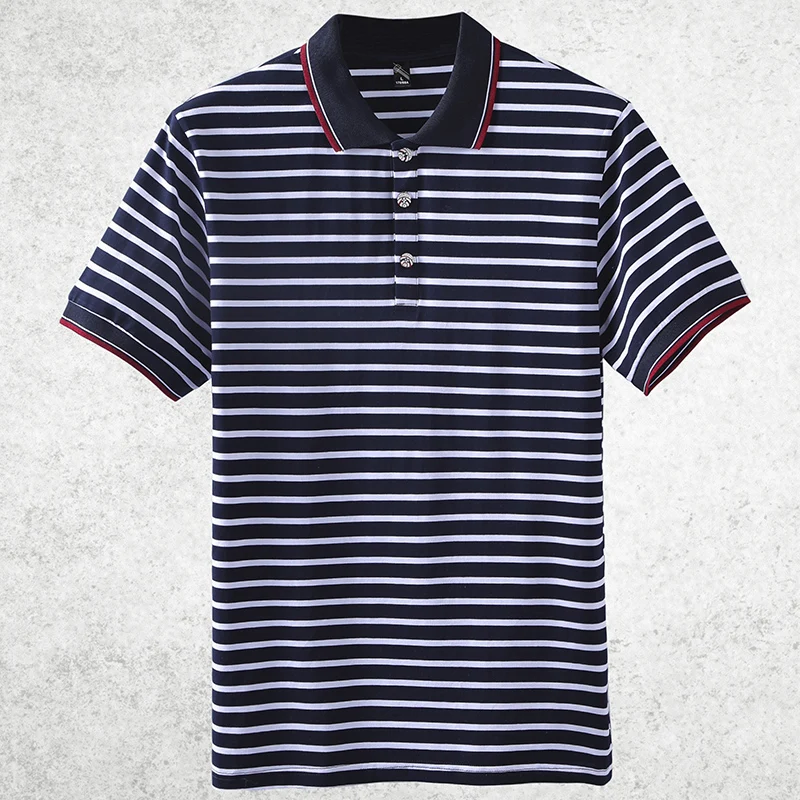 Cotton striped button-down men's classic casual short-sleeved shirt for business, golf, tennis, and everyday wear.
