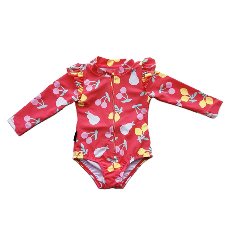 Fruit Print UV Protection Long Sleeve Beachwear One Piece Swimsuit Girls Bathing Suits Swimwear