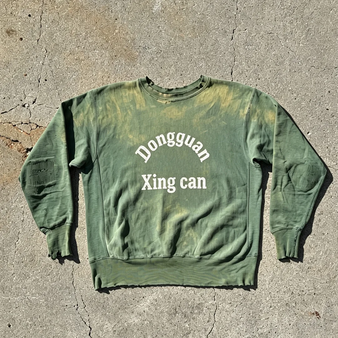 Gewas beskadigde crewneck-sweaterfabriek, pasgemaakte DTG-digitale druk, rou rand, vernietigde langmou-borsie