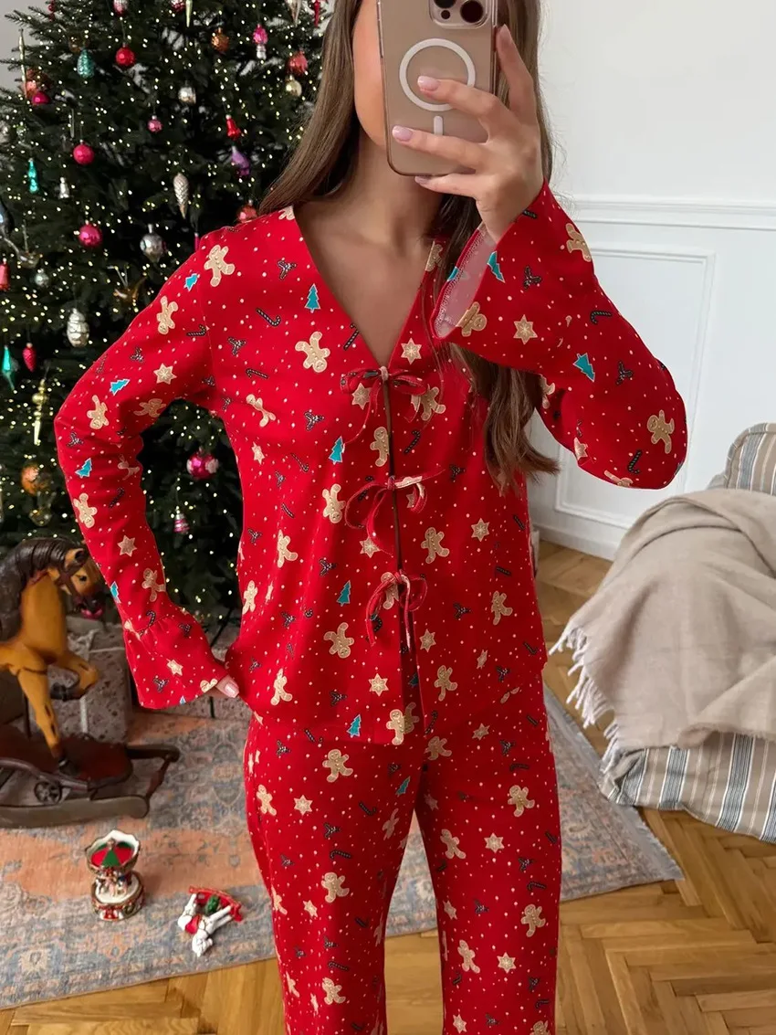Christmas Print Pajama Set Soft Polyester Spandex Lace-Up Long Sleeve Shirt Wide Leg Pants Casual Lounge Sleepwear — detail