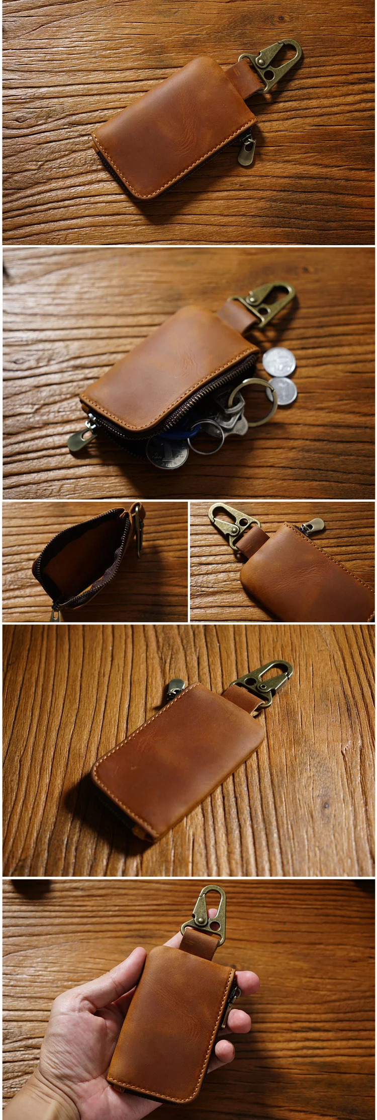 Genuine Leather Vintage Key Holder Organizer With Zip Pouch_voghion.com
