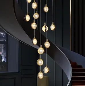 Modern Iron Chain Chandelier Duplex Spiral Staircase Long Crystal Ball Drop Pendant Light for Staircase