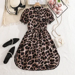2026 Summer New Collection Teenage Children Clothing Casual Retro Leopard Print Short Sleeved Shirt Dresses Dress Girls Boutique
