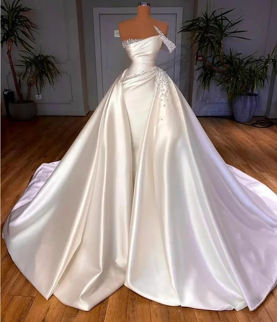 Mumuleo Satin Wedding Dress 2023 Elegant Vintage One Shoulder Pearls Wedding Bride Gowns White Arabic Dubai Vestido De Noiva
