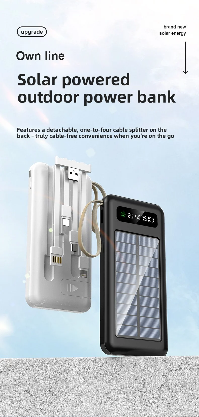 Top-Rated Portable Solar Power Bank with LED Display 4 Built-In Charging Cables LI-Polymer Battery-Best Seller