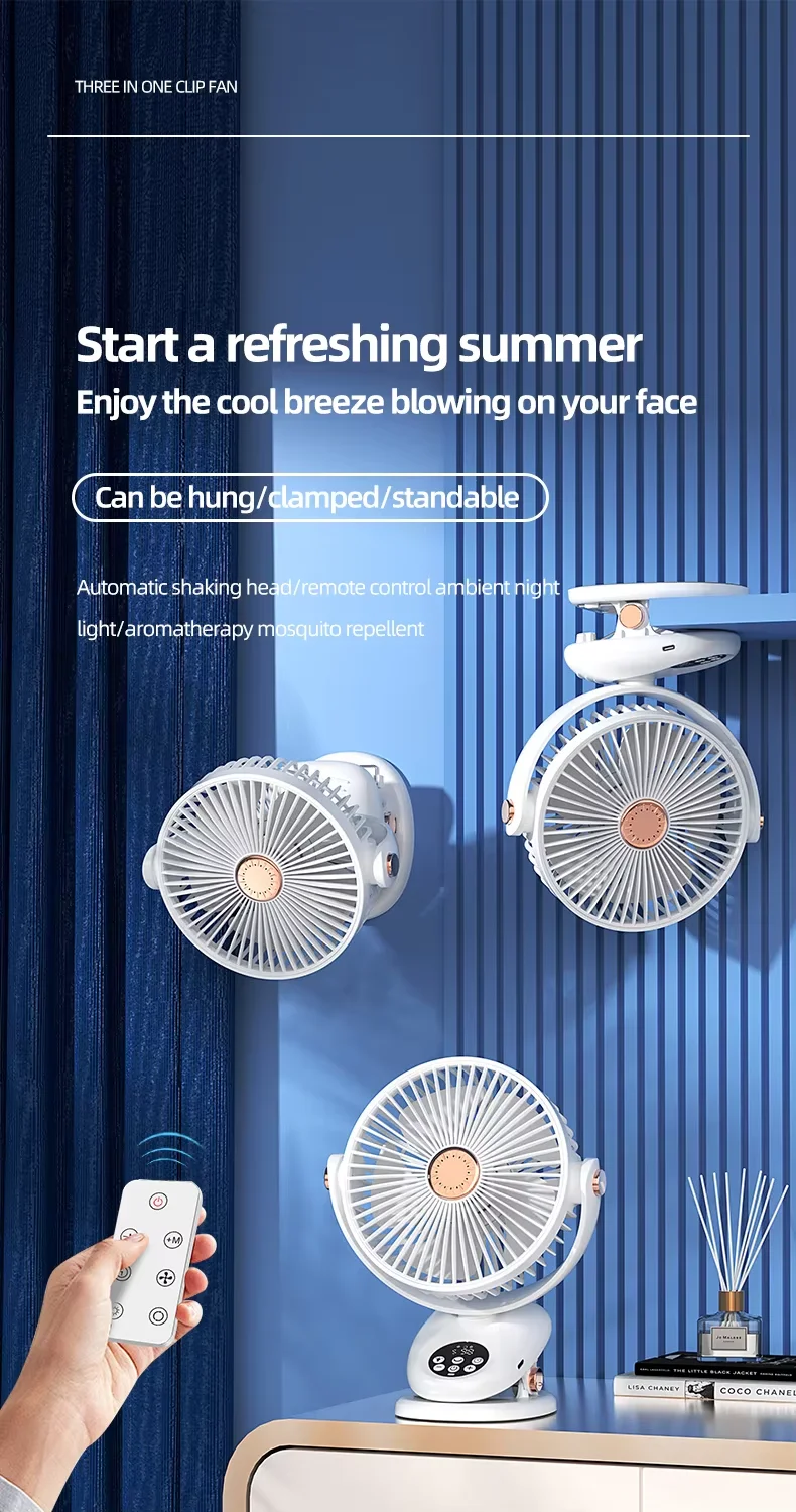 Adjustable 8-inch 6.5-inch Diameter Desktop Shaking Clip Fans Innovative Digital 720° 3-Blade 36dB Noise Level for Office Home