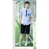 Men's blue shirt and black shorts
