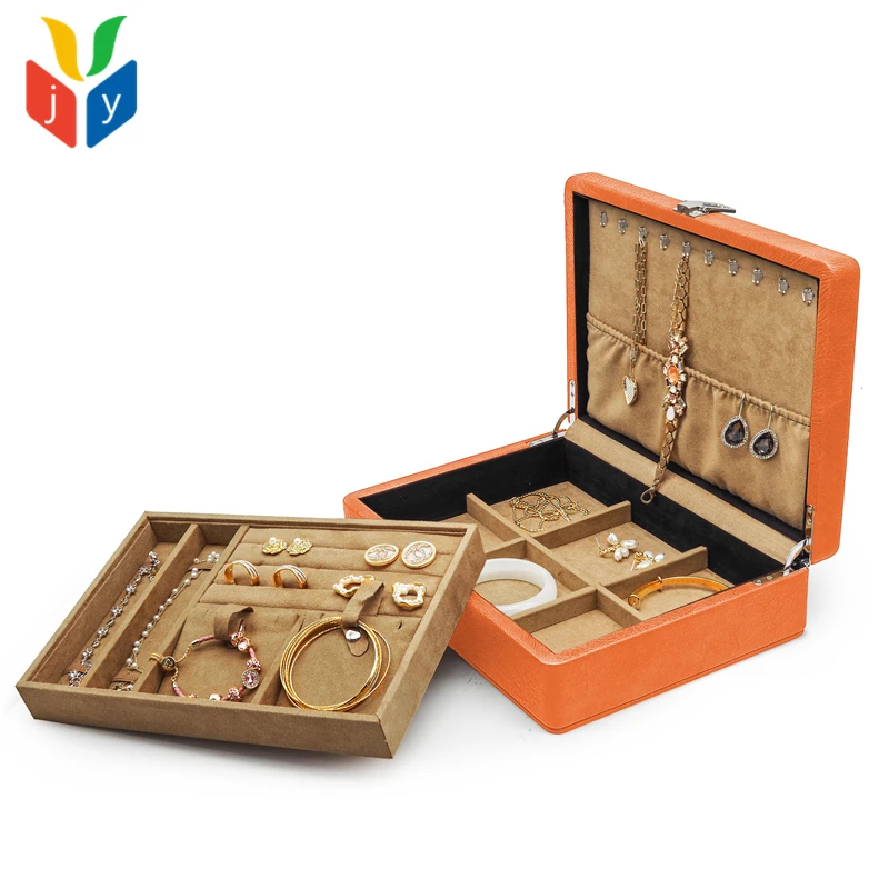 Salesman Sample Display Carrying Case Ring Necklace Jewelry Organizer Box Orange Brown Luxury PU Leather Jewelry Travel Suitcase