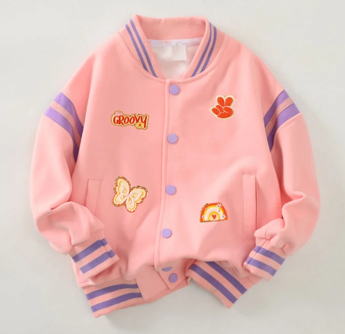 Custom Sweet Patches Bomber Jacket for Kids Boys Girls Autumn Cotton School Jacket with Customized Color & Size Patchwork Design