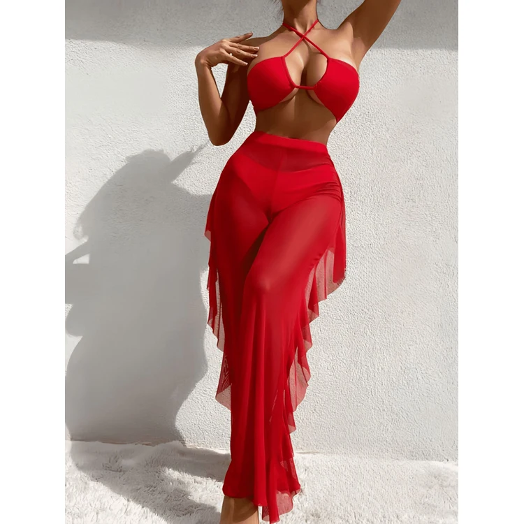 Hot Models Solid Color Mesh Bikini Ruffled Pants Bikini Solid Color Swimsuit Wholesale