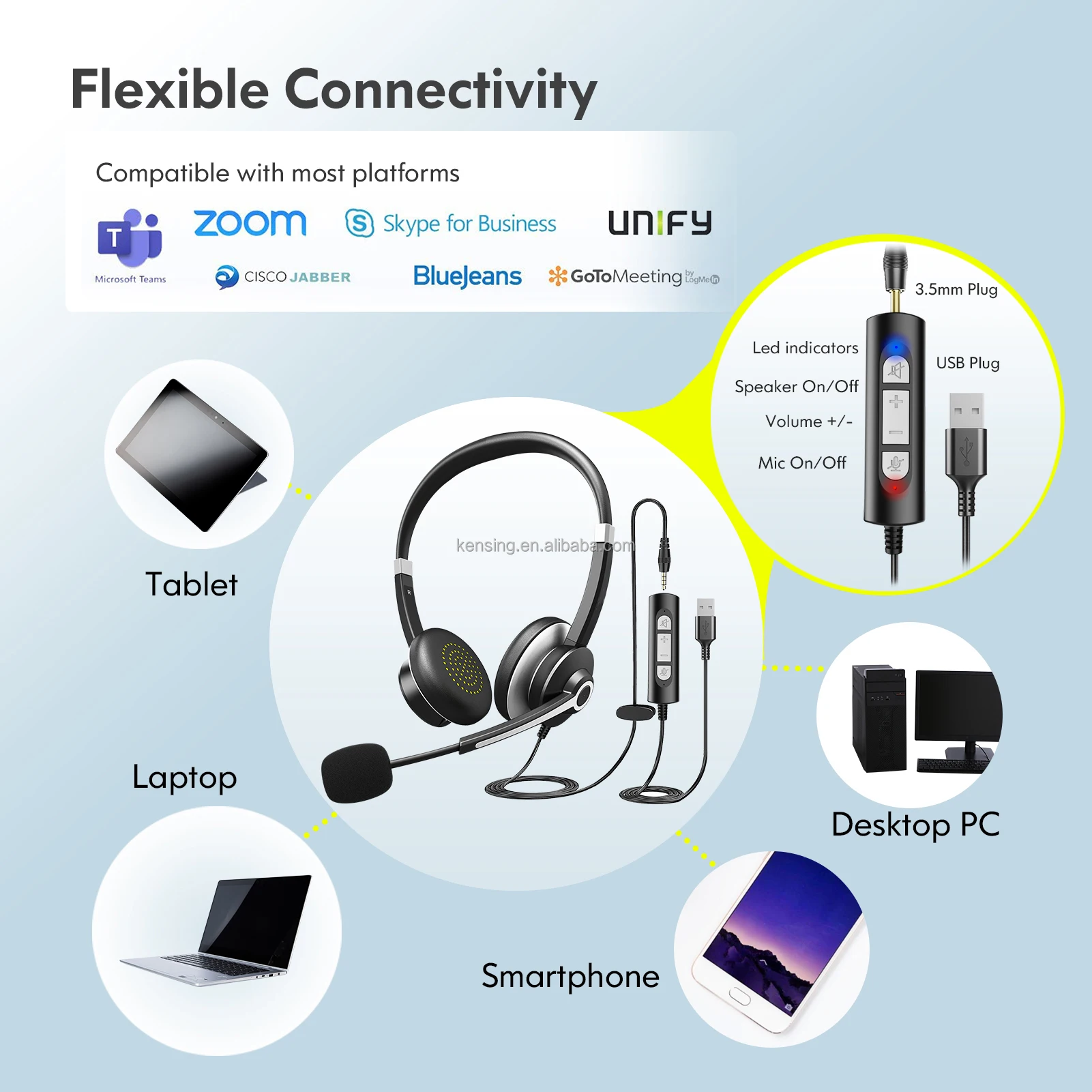 Wired USB Headset Office Computer Headset Headband Call Center Telephone Headset with Microphone and Noise Cancelling Microphone