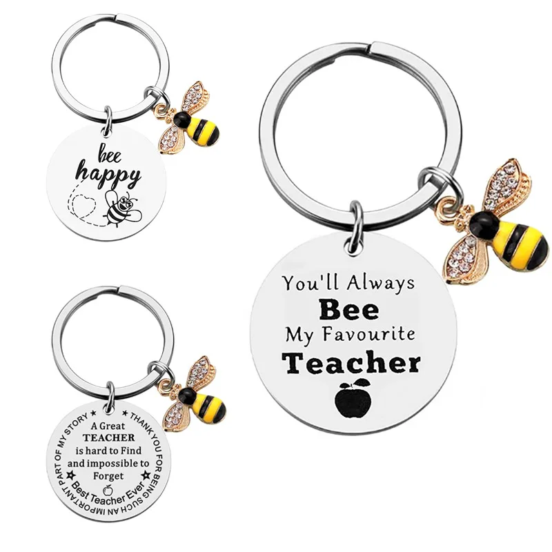 Custom Logo Bee Happy Keychain Teacher's Day Teacher Appreciation Christmas Gifts Stainless Steel Alloy Heart Shape Key Rings