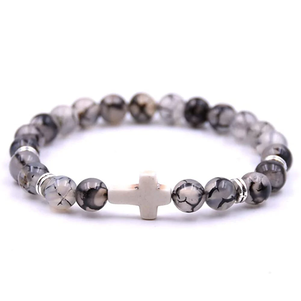 Cross Bracelets 8mm Natural Howlite Turquoise Healing Beaded Stretch Cross Bracelets for Women Men