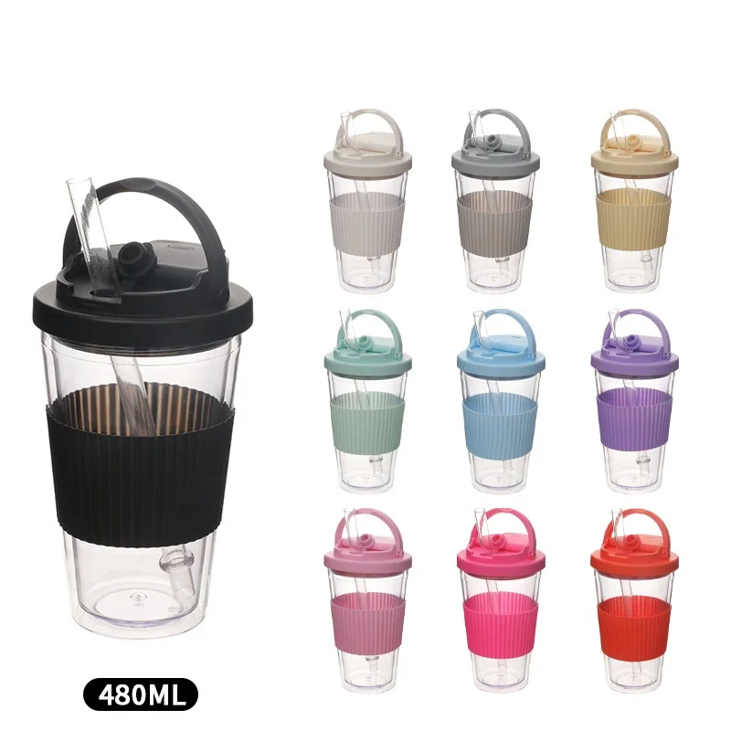 BORGE Customized 16OZ/480ml Double Layer Plastic Reusable Bubble Tea Cup Tumbler With Straw