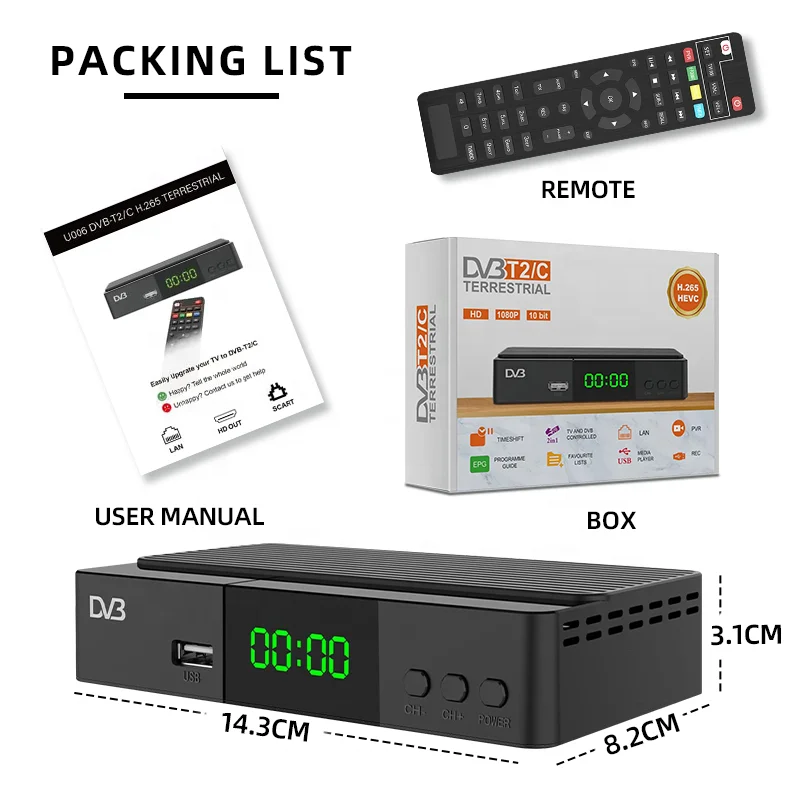 OEM Customize Decoder DVB-T2/DVB-T Digital  TV Receptor Receiver HD DVB T2 H.265 1080P Wifi Receiver Set Top Box Decoder