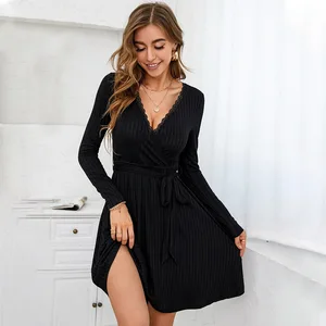 Clothing Manufacturer Wholesale Women's Clothing Sexy V-neck Lace Ladies Knit Dress Ladies Sexy Dress
