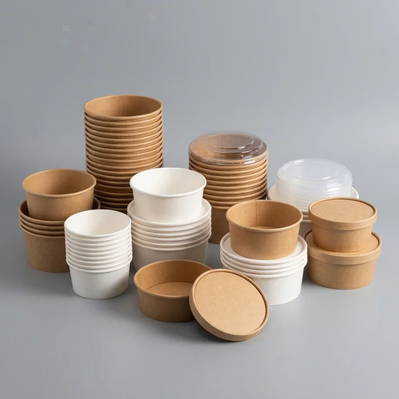 Hot Selling High Quality Food Grade White Kraft Paper Salad Bowl with Lid 500ml 750ml 1000ml 1100ml 1500ml for Food Takeaway