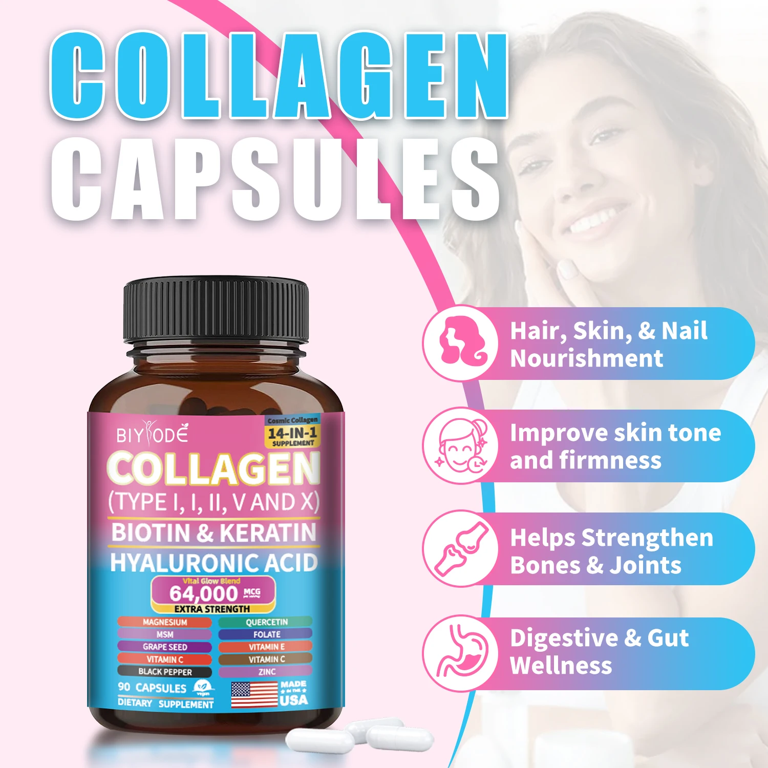 Biyode Effective Formula Ready Stock Fast Shipping Wholesale Vital Proteins Collagen Capsules 14 in 1