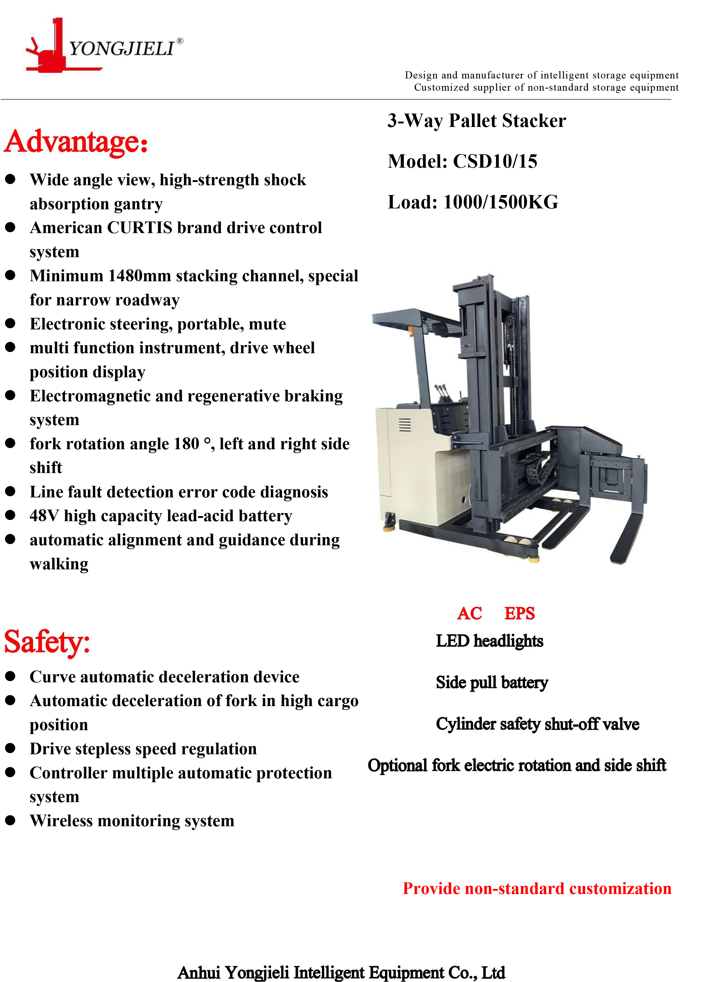 Electric 3 Way Narrow Aisle Forklift 1.5t 3 Way Stacker Narrow Aisle