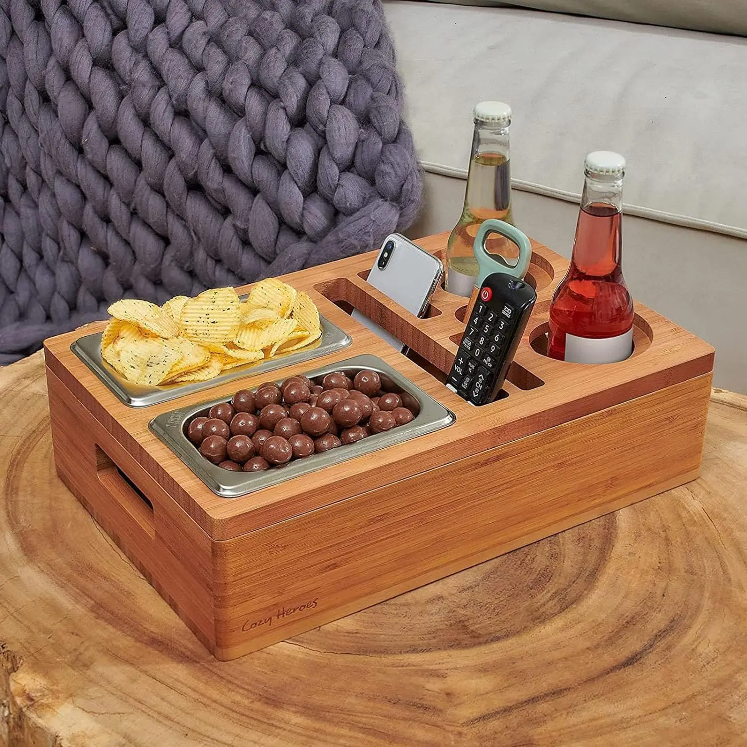 Vassoio Decorativo Vassoio Per Divano In Legno Con 2 Ciotole Acciaio - Organizer Snack E Bevande Per Soggiorno Vassoio Da Divano - 2