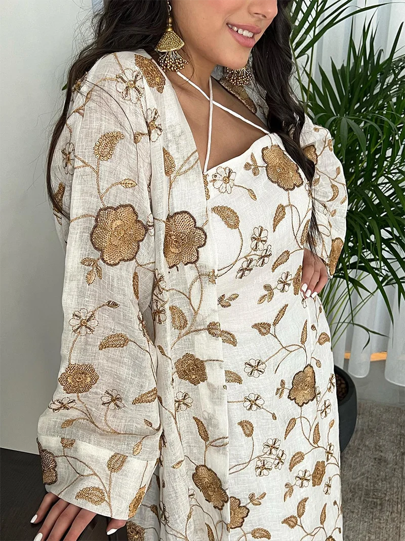 Custom Oem Arab Kuwait Two Piece Sets Floral Print Imitation Linen