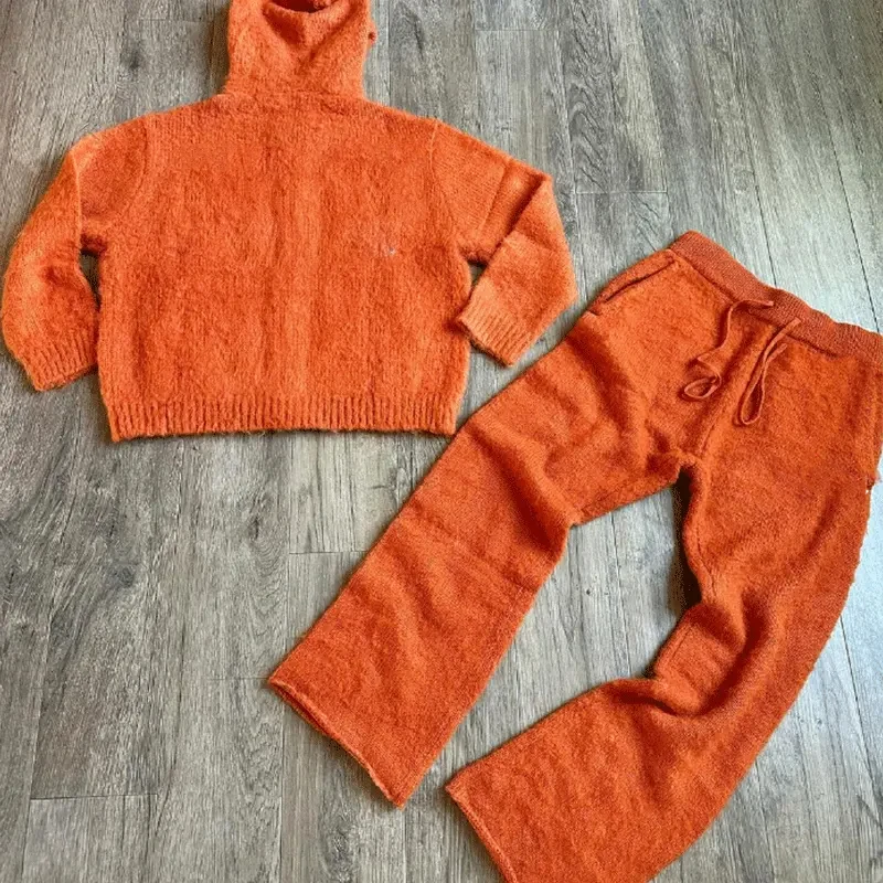 MeiYue 2024 Custom Graphic Print Logo Men Fuzzy Brushed  Zipper Mohair Hoodie Sweater and Pants Mohair Sweats Suit Jacket Set